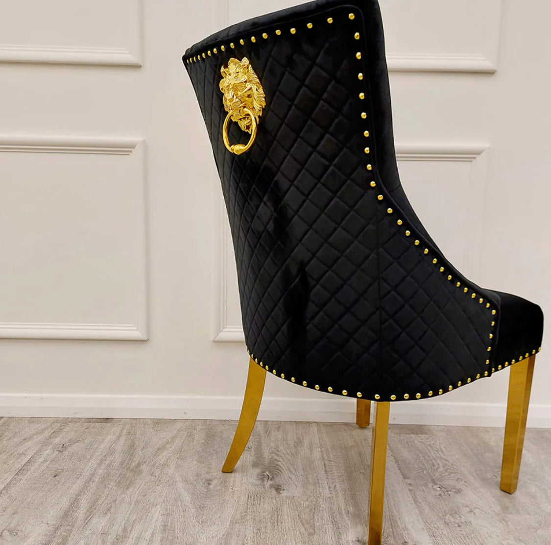 Arianna Black And Gold Marble Dining Table With Black And Gold Bentley Lion knocker Chaird