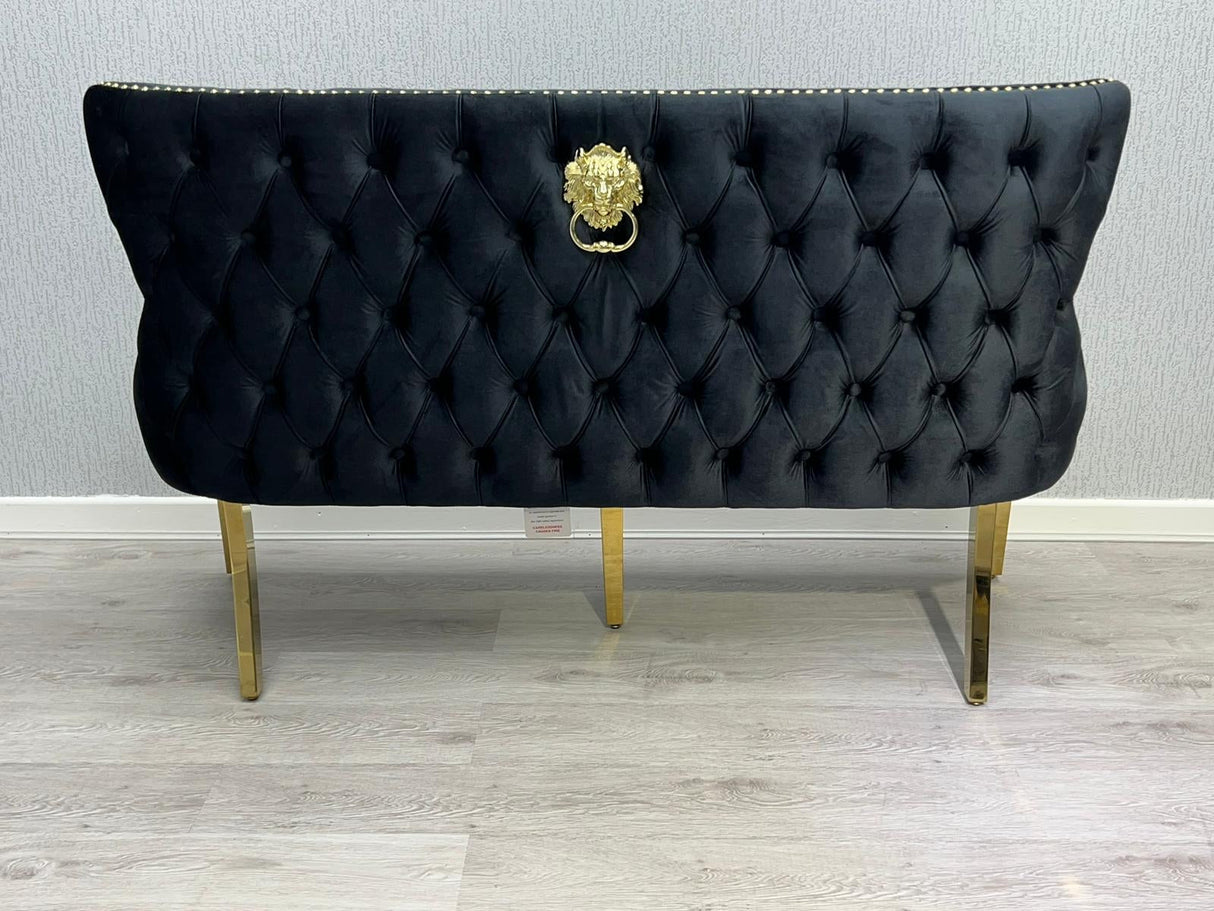 Sofia Marble Dining Table Black And Gold With Victoria Black and Gold Bench And Victoria Black And Gold Lion Knocker Chairs