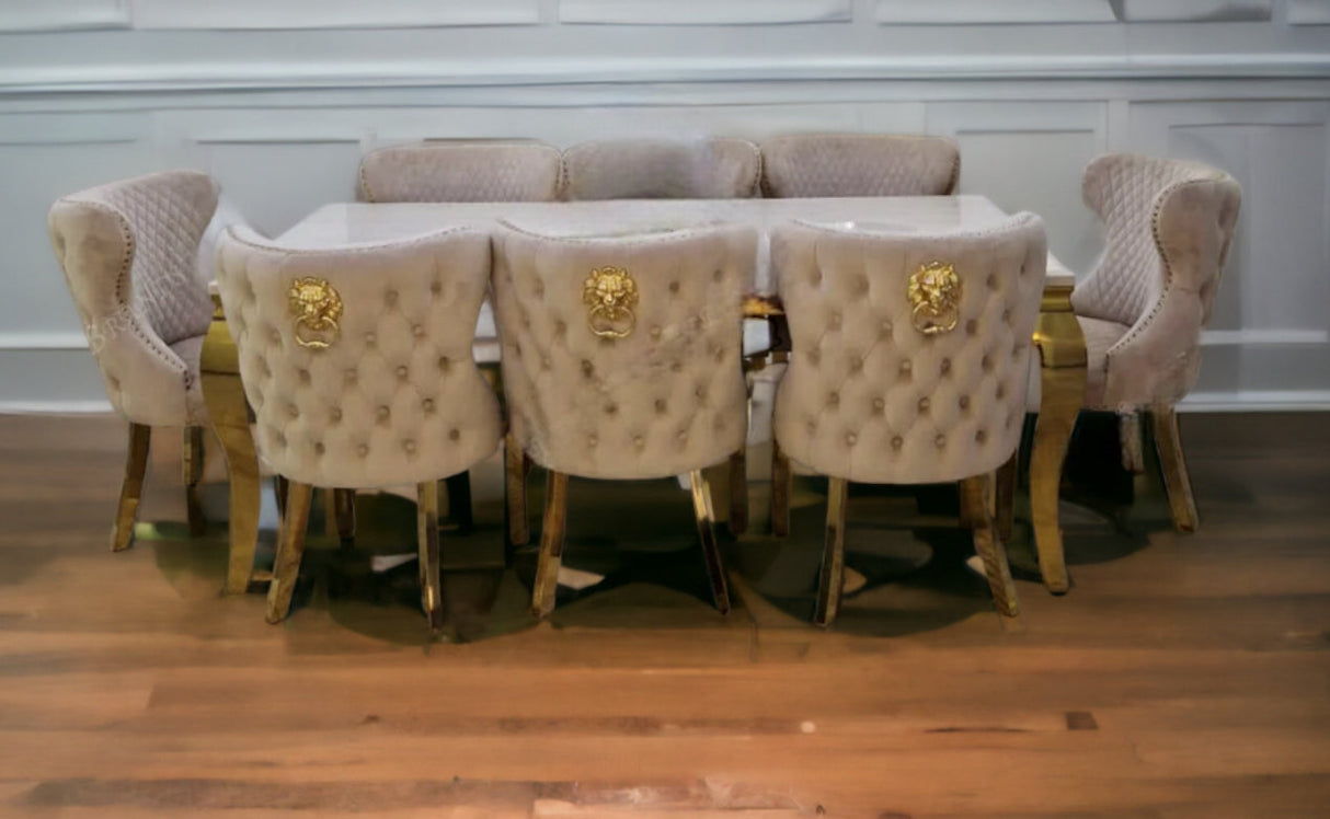Louis Gold Marble Dining Table + Valentino Gold Dining chairs Lion knocker Mink