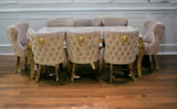 Louis Gold Marble Dining Table + Valentino Gold Dining chairs Lion knocker Mink