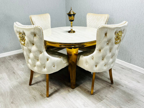 1.1M Sofia Round Marble  Dining Table With Gold Victoria Dining Chairs Lion knocker
