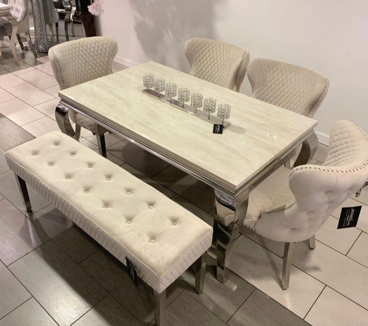 Louis 1.8M Marble Dining Table With Valentino Dark Grey Lion Knocker Chairs