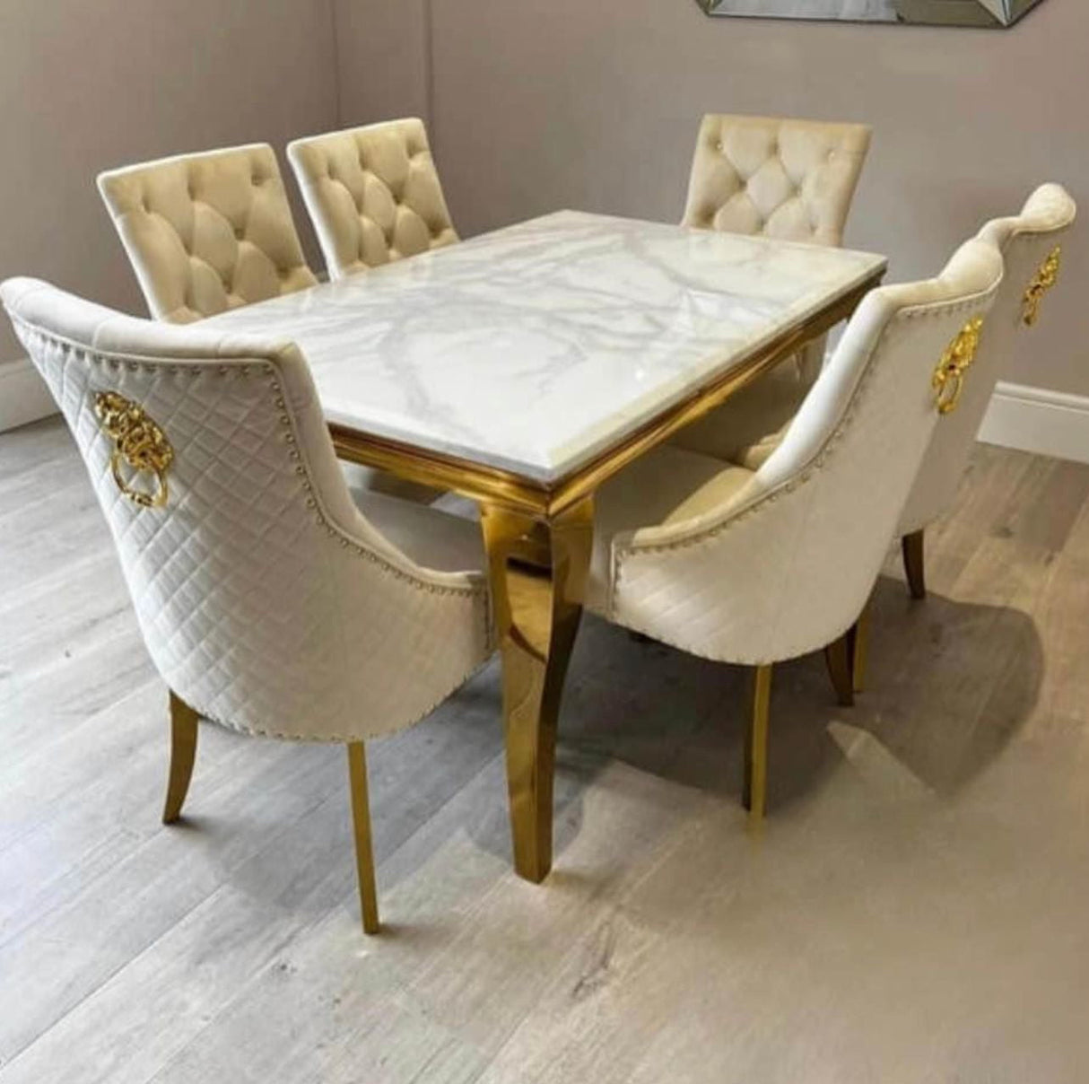 Louise Gold Table With Majestic Mink  & Gold Dining Chairs Lion Knocker