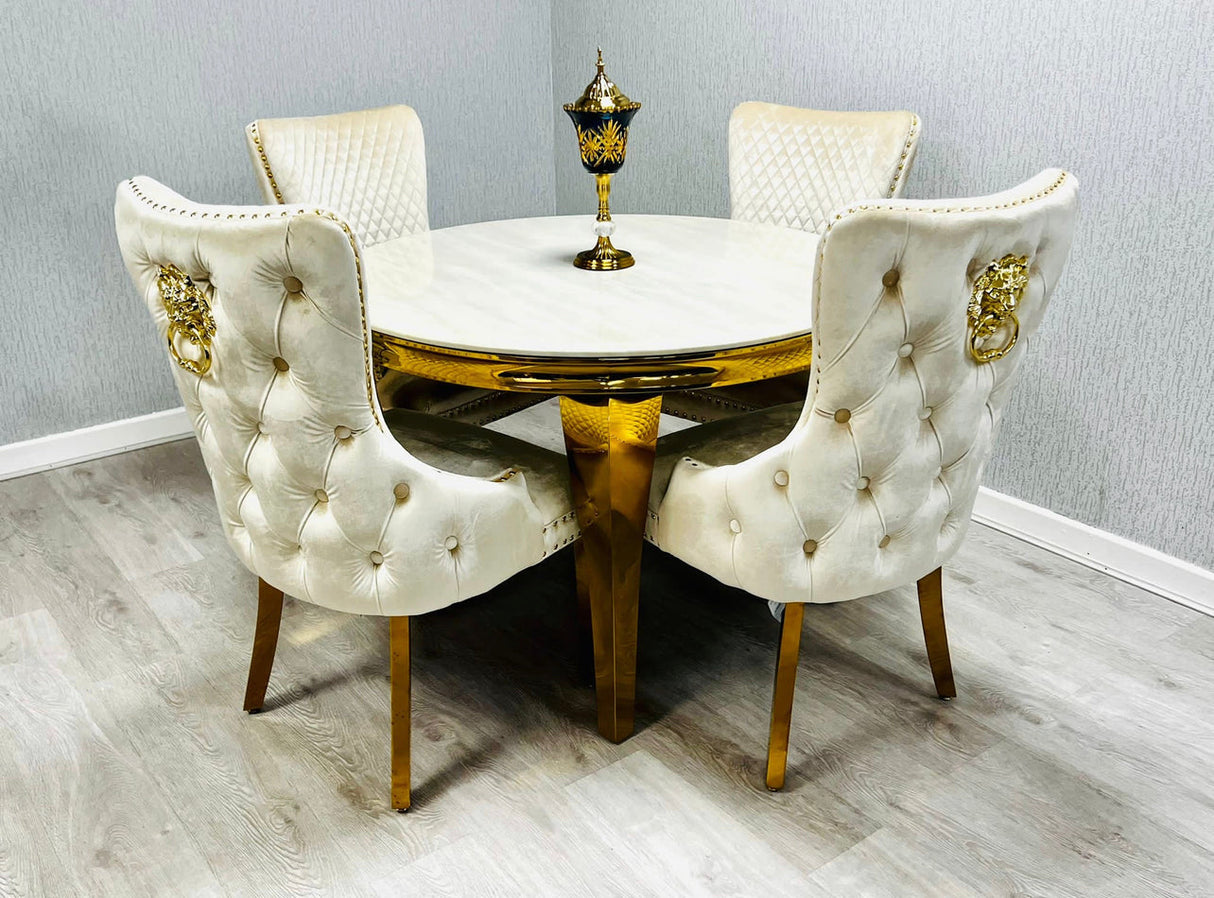 Round Marble Dining Table + 4 Victoria Gold Dining Chairs With Lion knocker
