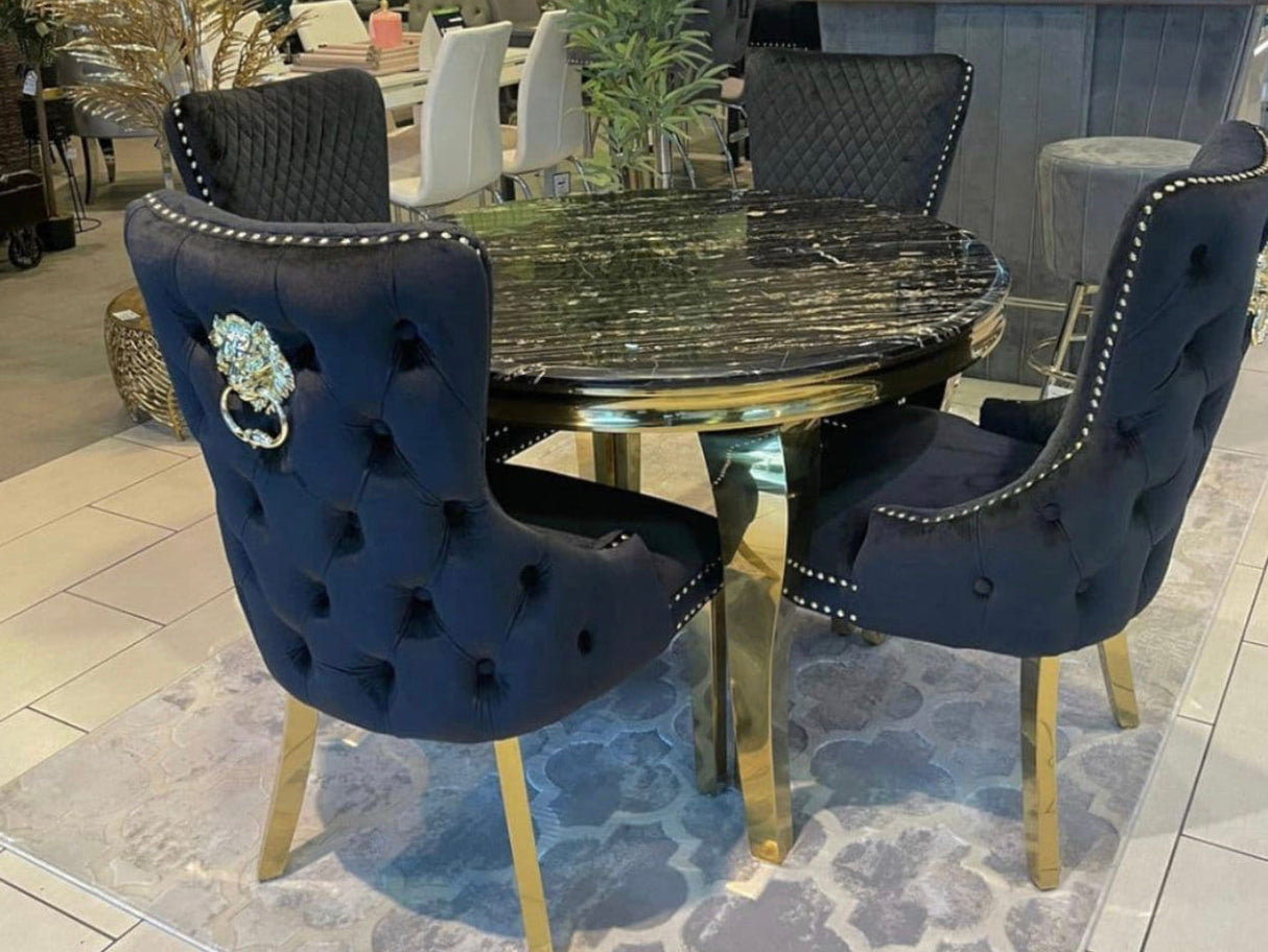 Round Marble Dining Table + 4 Victoria Gold Dining Chairs With Lion knocker
