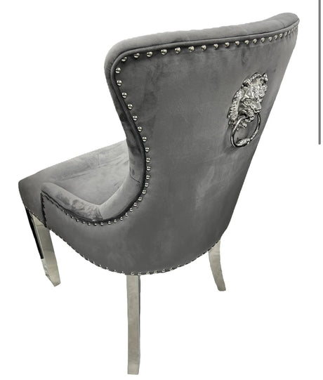 Arianna Light Grey Table With Chelsea Dark Grey Lion Knocker Chairs