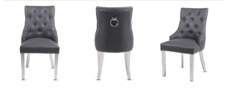 1.5M Louis Light Grey Table With 4 Valencia Pu Leather Dark Grey Ring Knocker Chairs