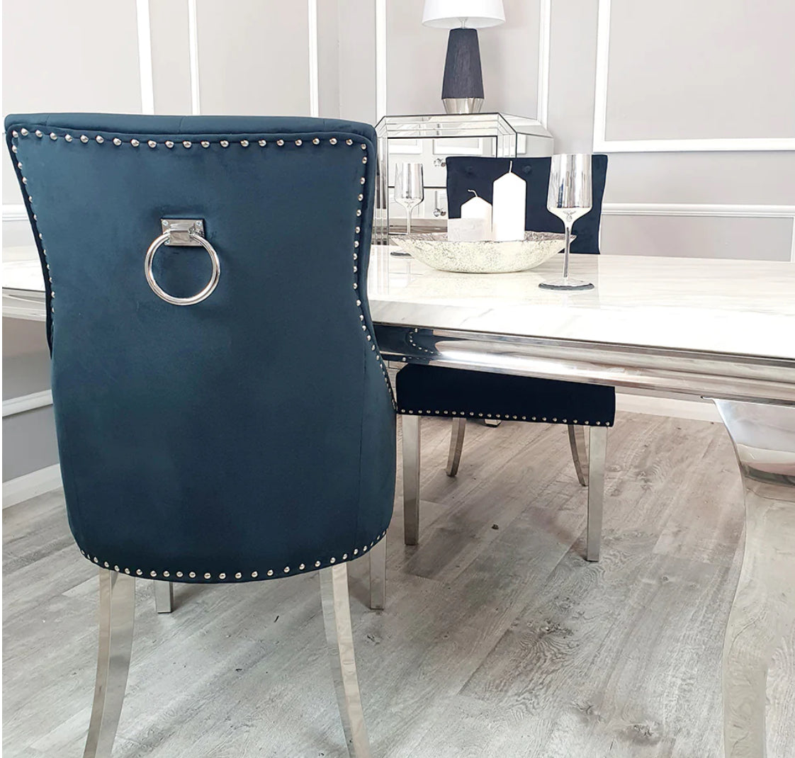 Ariana Marble Dining Table Light Grey + Jessica Dining Chairs Ring knocker Light Grey