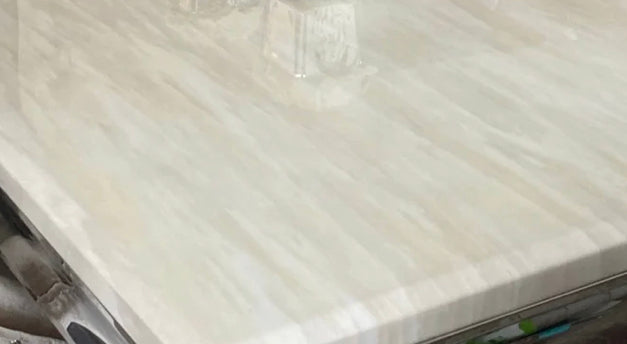 Arianna Marble Gold Dining Table With Mink & Gold Lion Knocker Dining Chairs