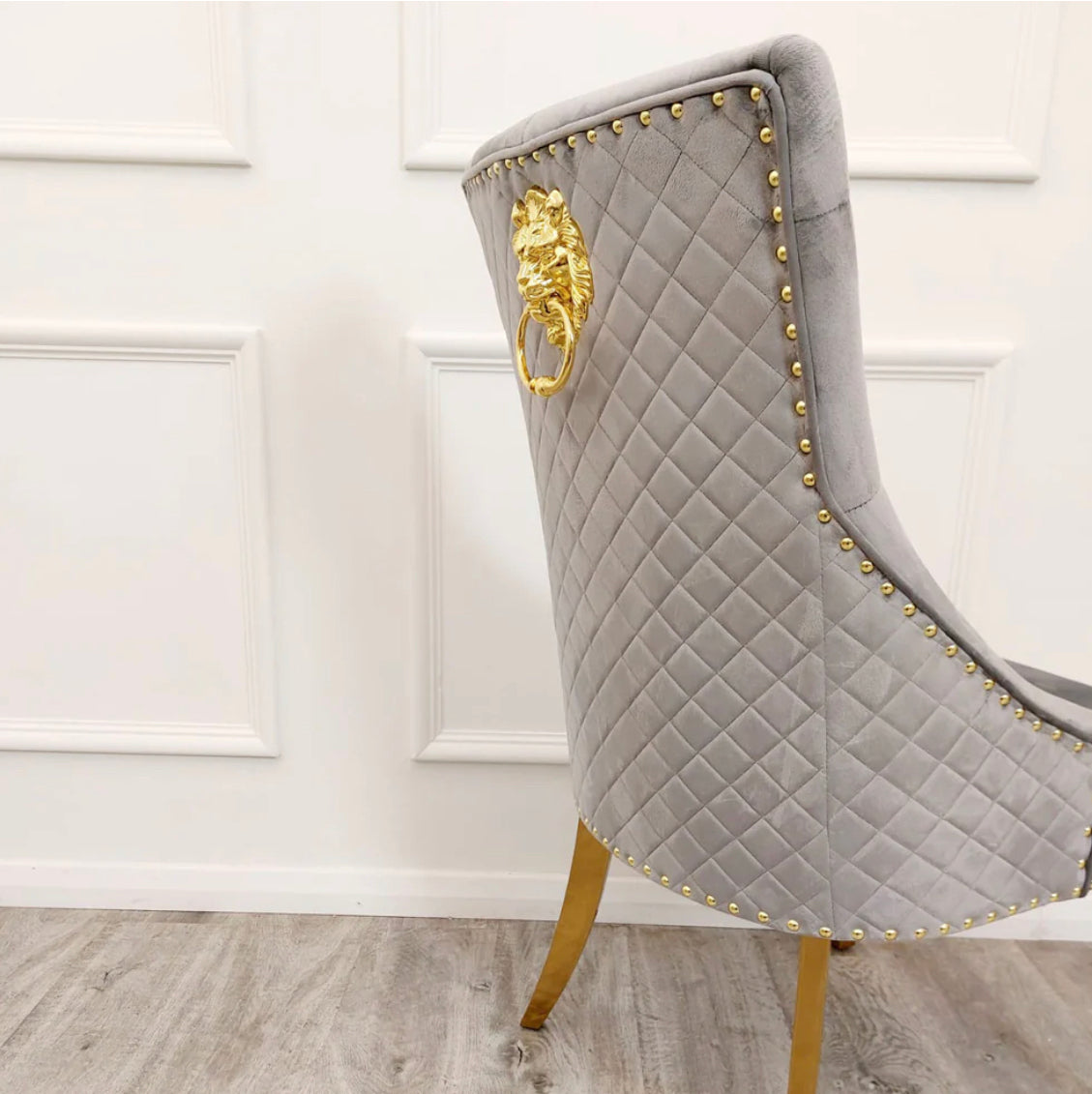 Louise Gold Table With Majestic Mink  & Gold Dining Chairs Lion Knocker