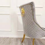 Louise Gold Table With Majestic Mink  & Gold Dining Chairs Lion Knocker