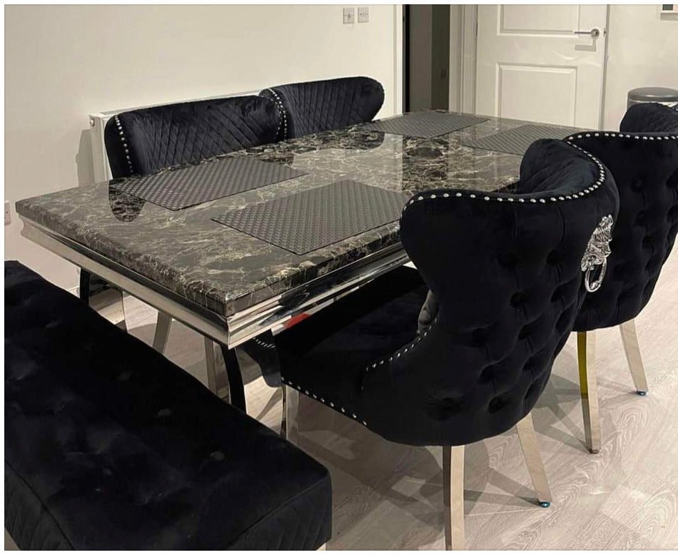 Arianna Marble Dining Table Black With 4 Valentino Black Lion Knocker Chairs