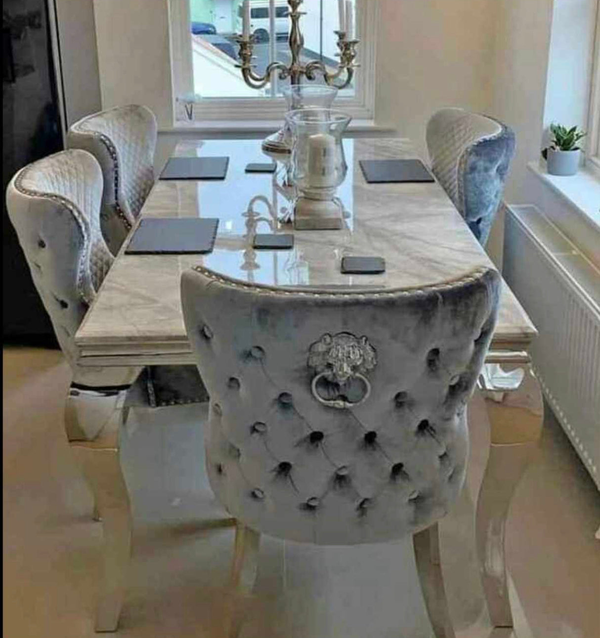 Louis 1.8M Marble Dining Table With Valentino Dark Grey Lion Knocker Chairs