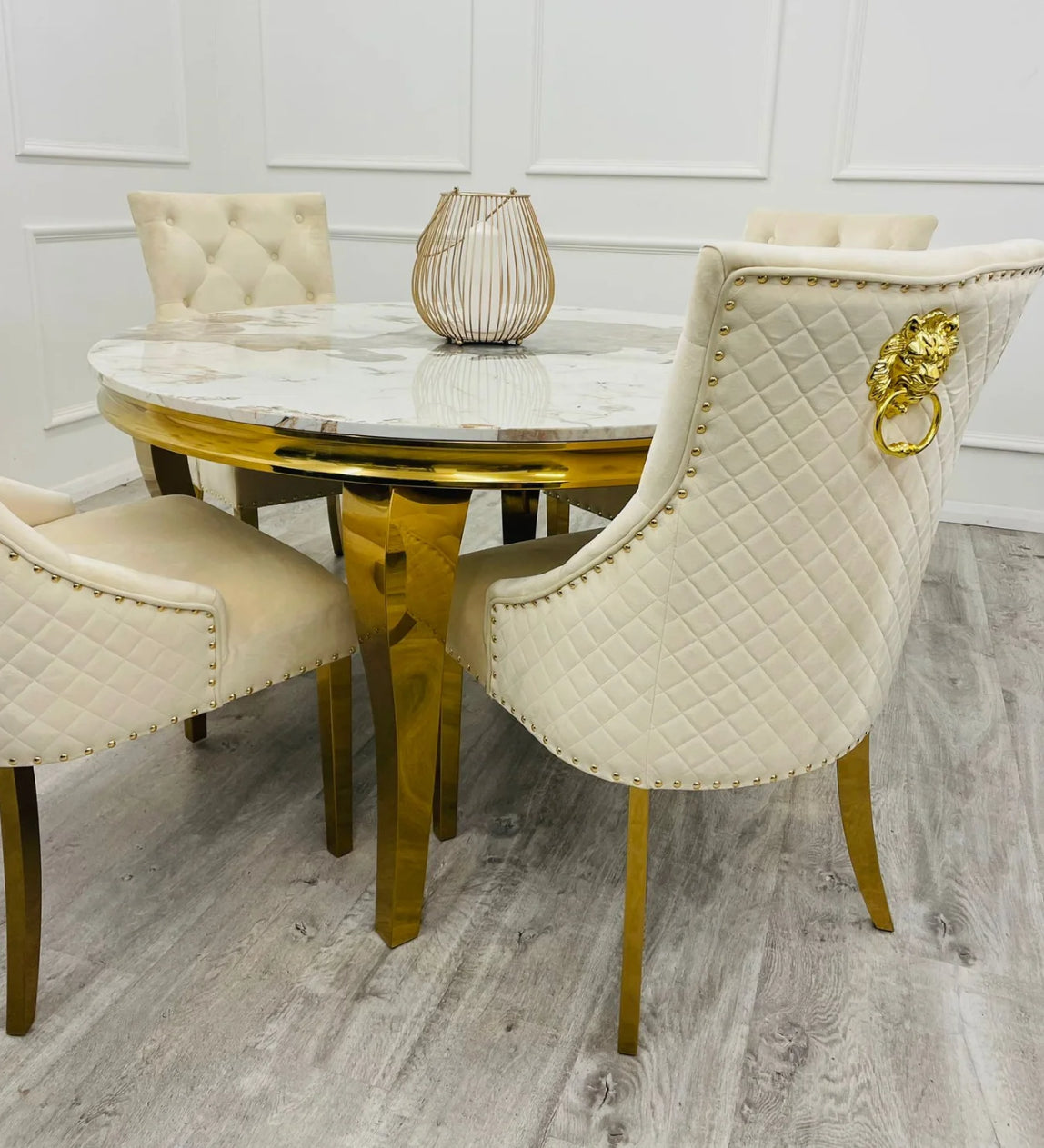 Louis 130cm Round Gold Marble Dining Table + Majestic Mink Gold Lion Knocker Dining Chairs