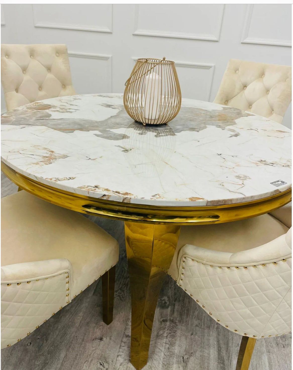 Louis 130cm Round Gold Marble Dining Table + Majestic Mink Gold Lion Knocker Dining Chairs