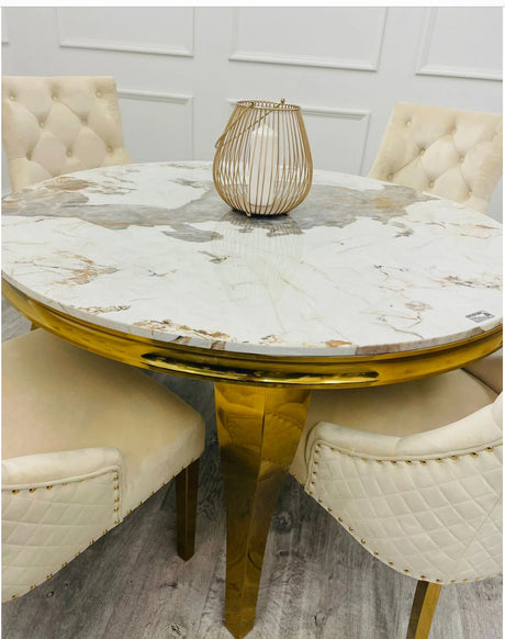 Louis 130cm Round Gold Marble Dining Table + Majestic Mink Gold Lion Knocker Dining Chairs