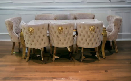 Louis Gold Marble Dining Table + Valentino Gold Dining chairs Lion knocker Mink