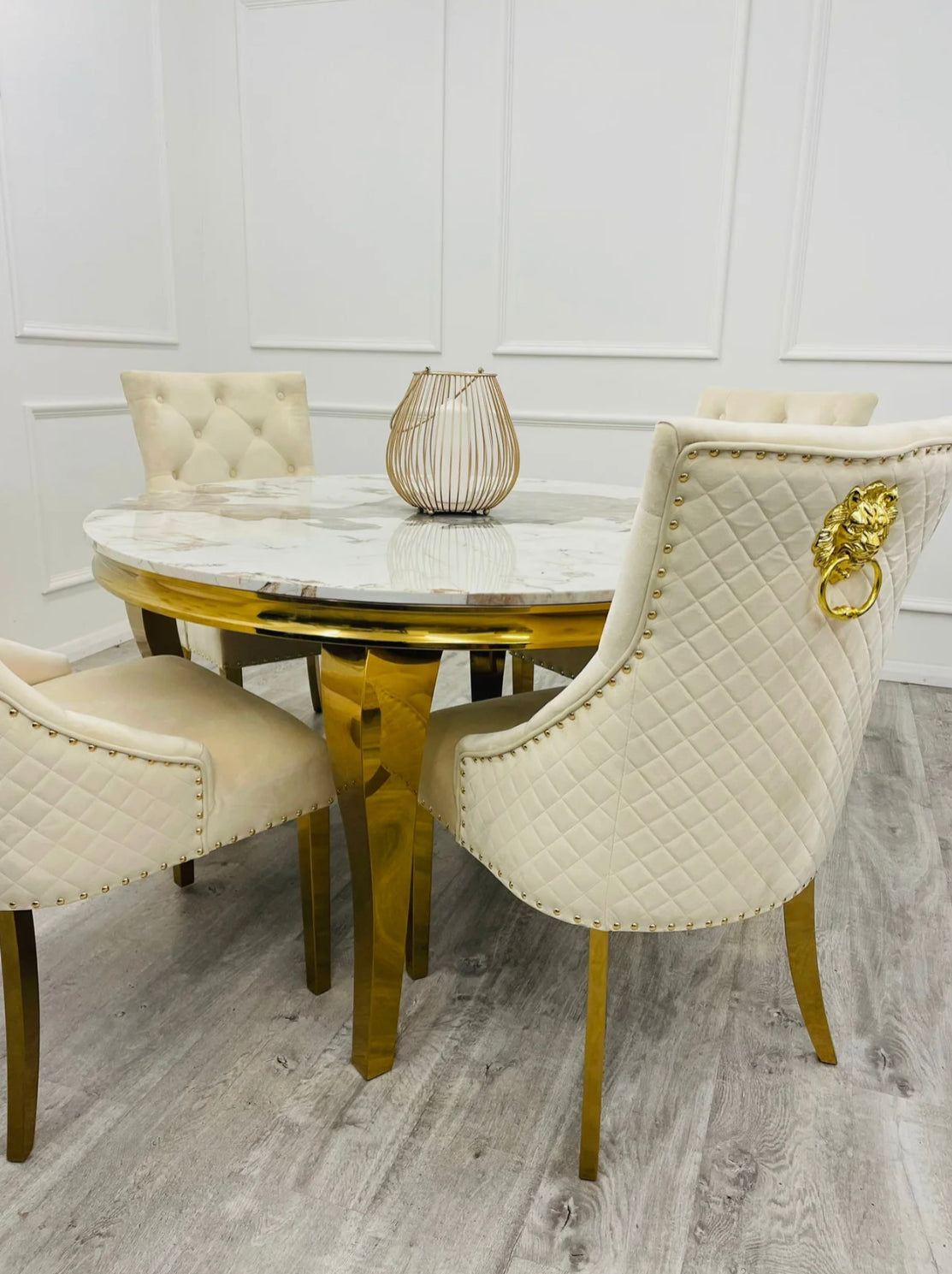 Louis Marble Gold Dining Table White  + Gold Dining Chairs Black Lion knocker