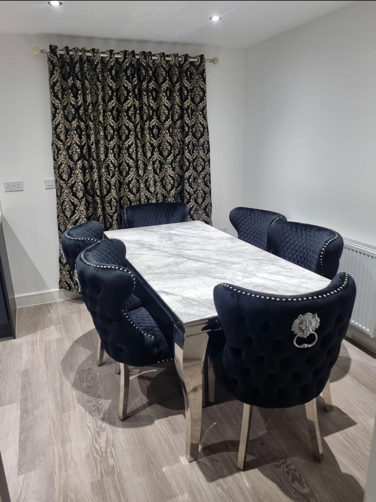 Louis 1.8M Marble Dining Table With Valentino Dark Grey Lion Knocker Chairs
