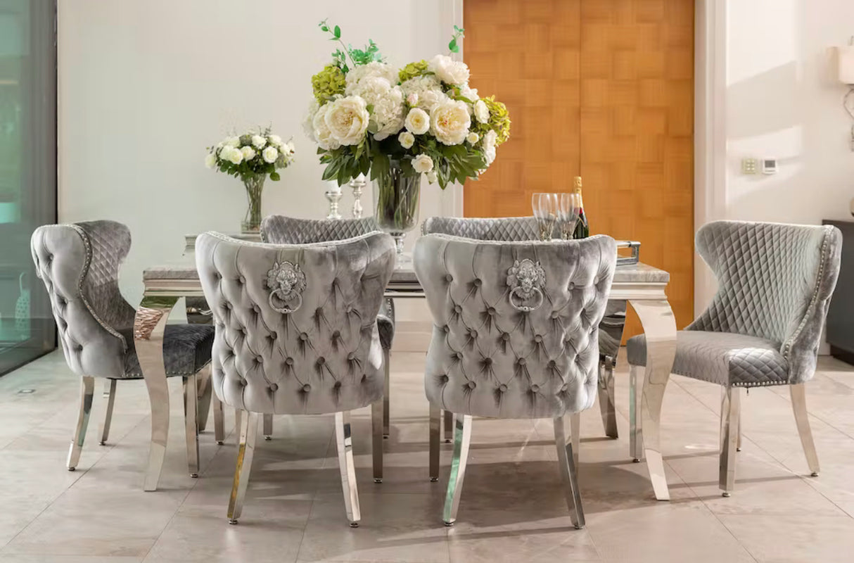 Louis 1.8M Marble Dining Table With Valentino Dark Grey Lion Knocker Chairs