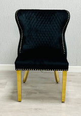 Louis Gold Marble Dining Table + Valentino Gold Dining chairs Lion knocker Mink