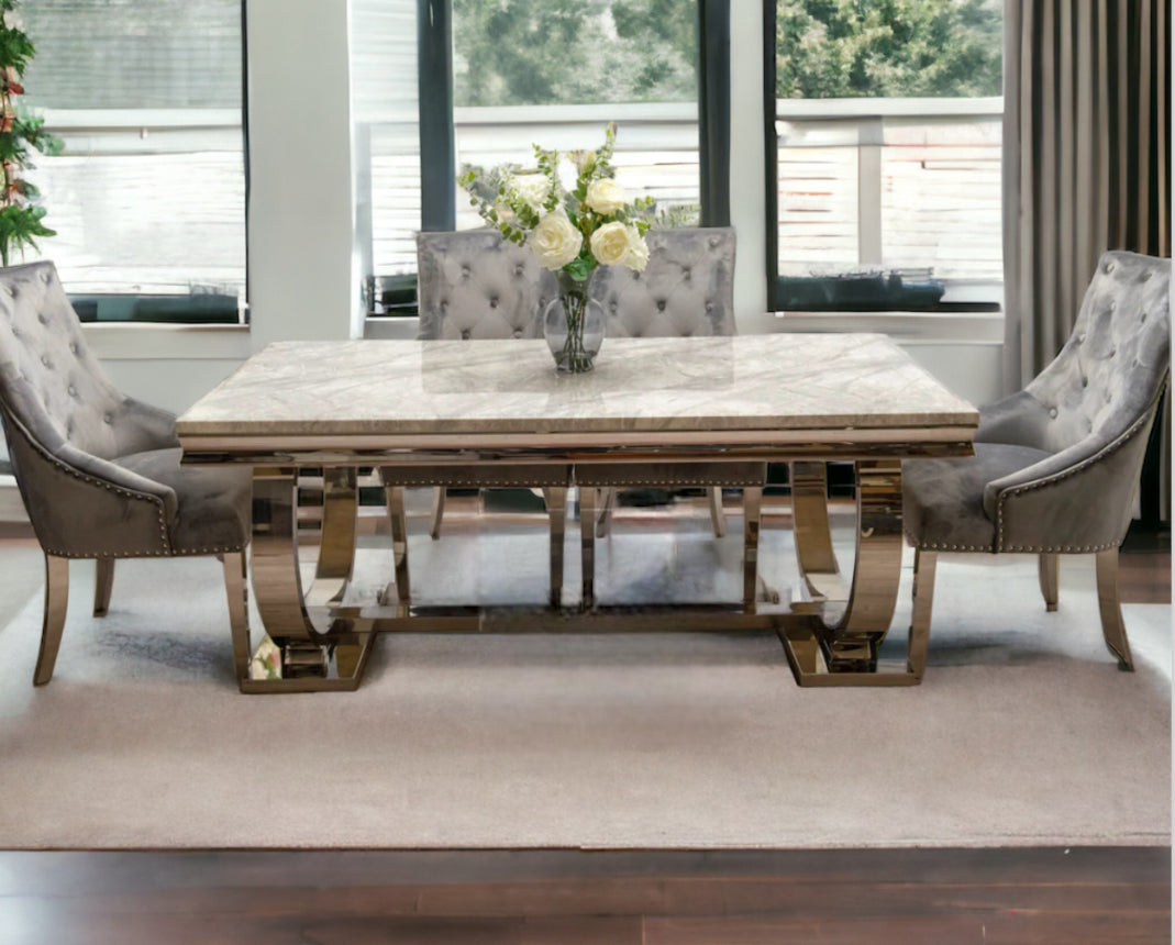 Ariana Marble Dining Table Light Grey + Jessica Dining Chairs Ring knocker Light Grey