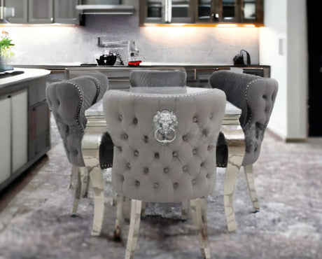 Louis Marble Dining Table + Valentino Dining Chairs Lion knocker Dark Grey & Valentino Bench Dark Grey