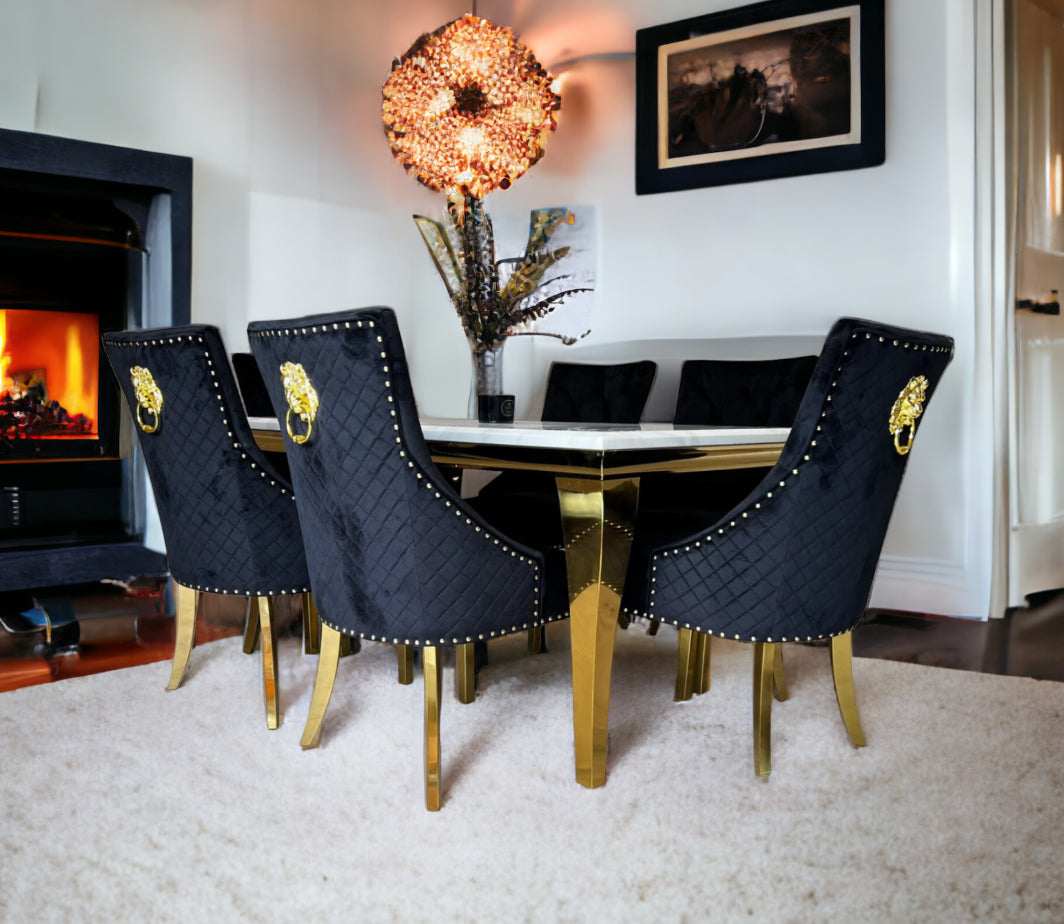 Louis Marble Gold Dining Table White  + Gold Dining Chairs Black Lion knocker