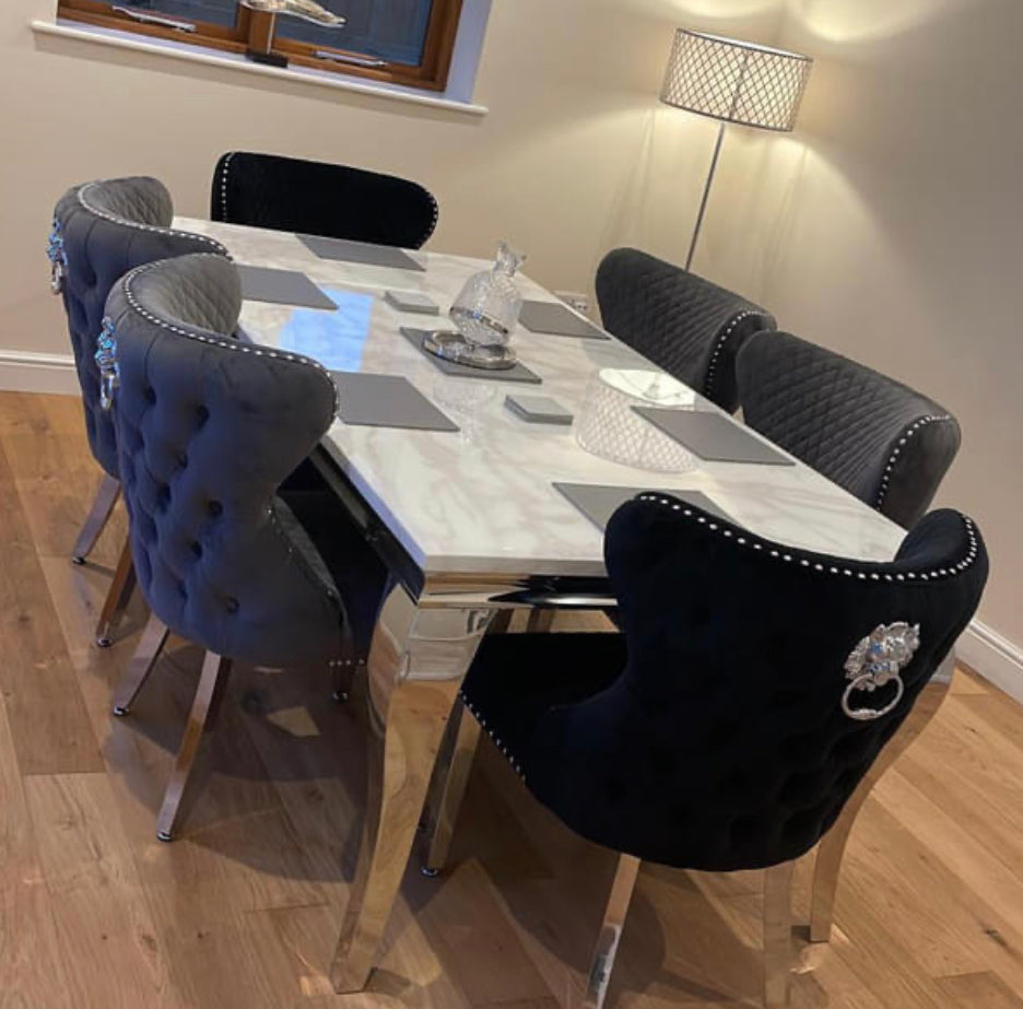 Louis 1.8M Marble Dining Table With Valentino Dark Grey Lion Knocker Chairs