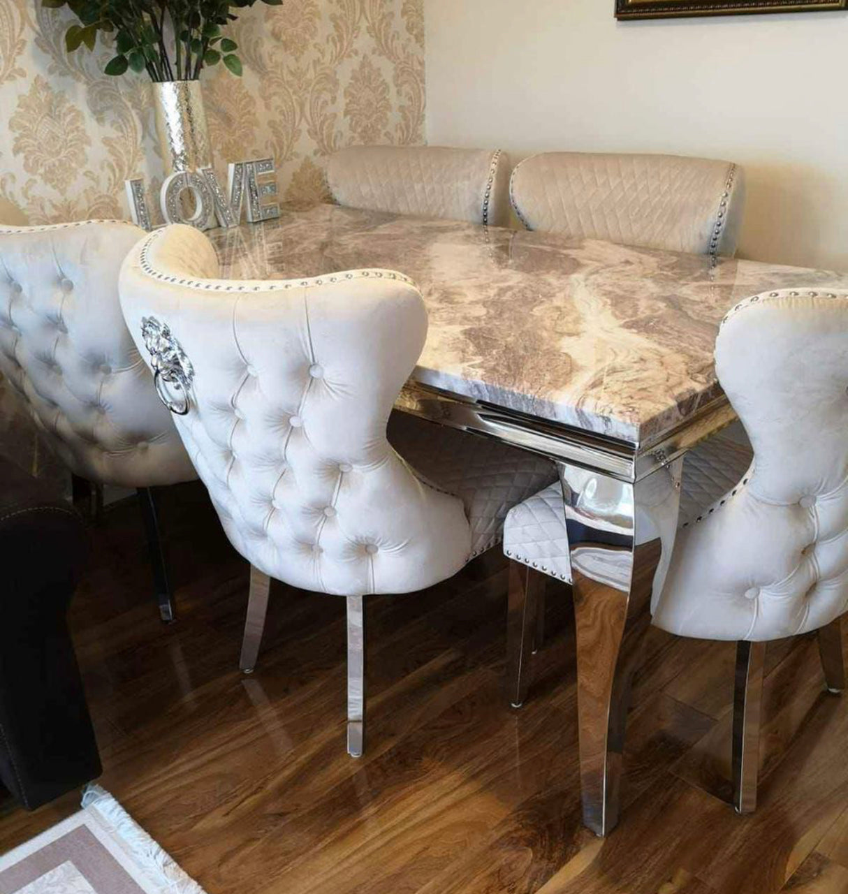 Louis 1.8M Marble Dining Table With Valentino Dark Grey Lion Knocker Chairs