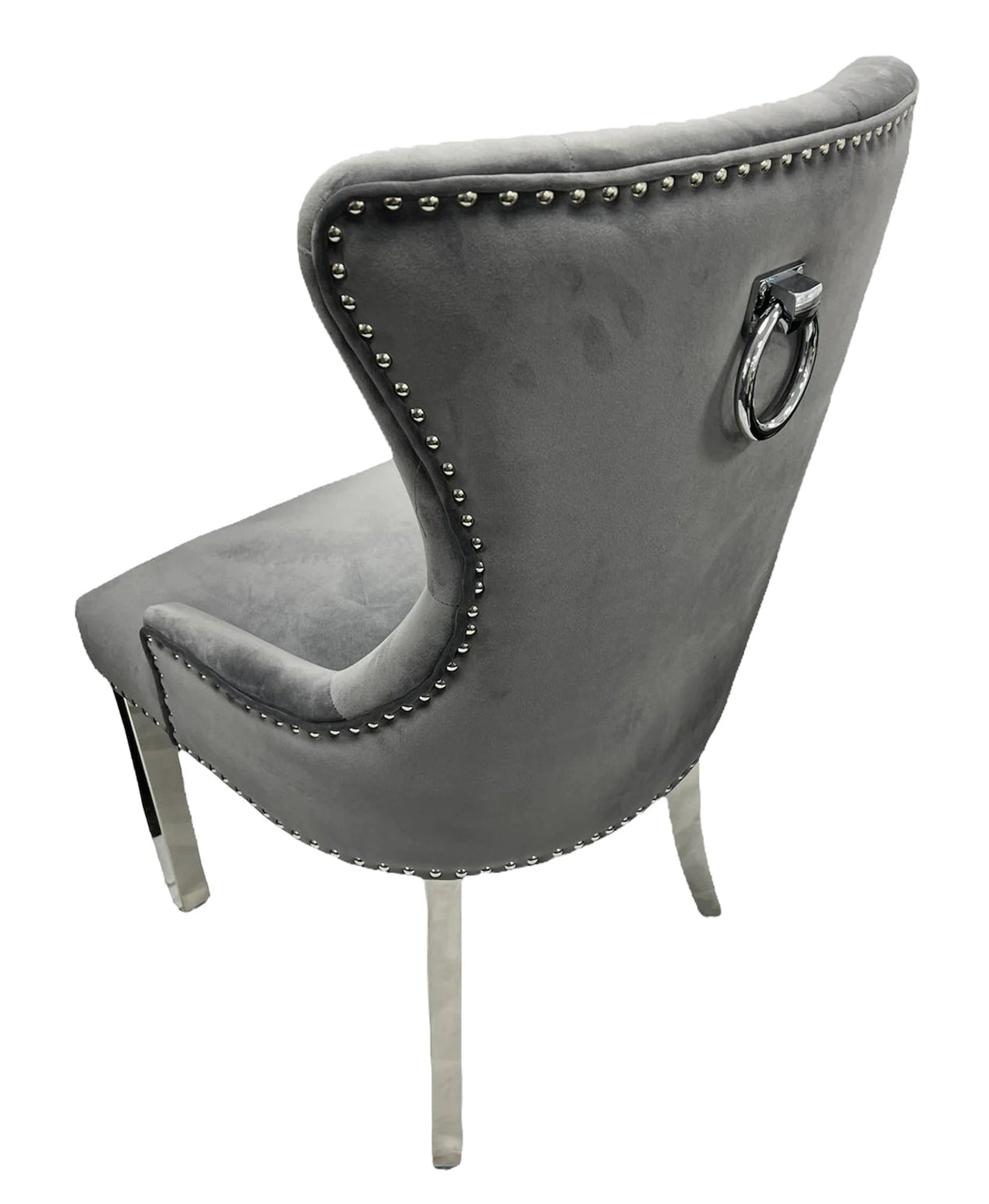 Arianna Marble Dining Table Grey + Jessica Dining Chairs Ring knocker Dark Grey