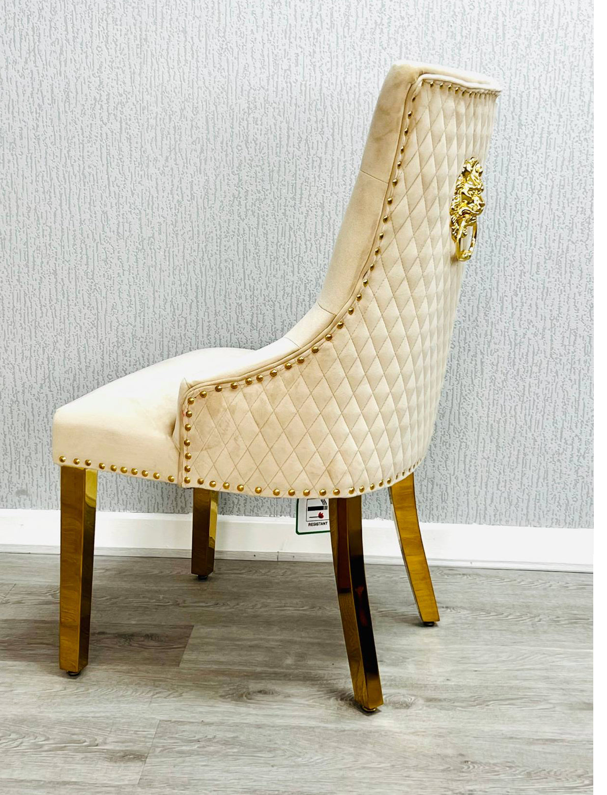 Arianna Marble Gold Dining Table With Mink & Gold Lion Knocker Dining Chairs