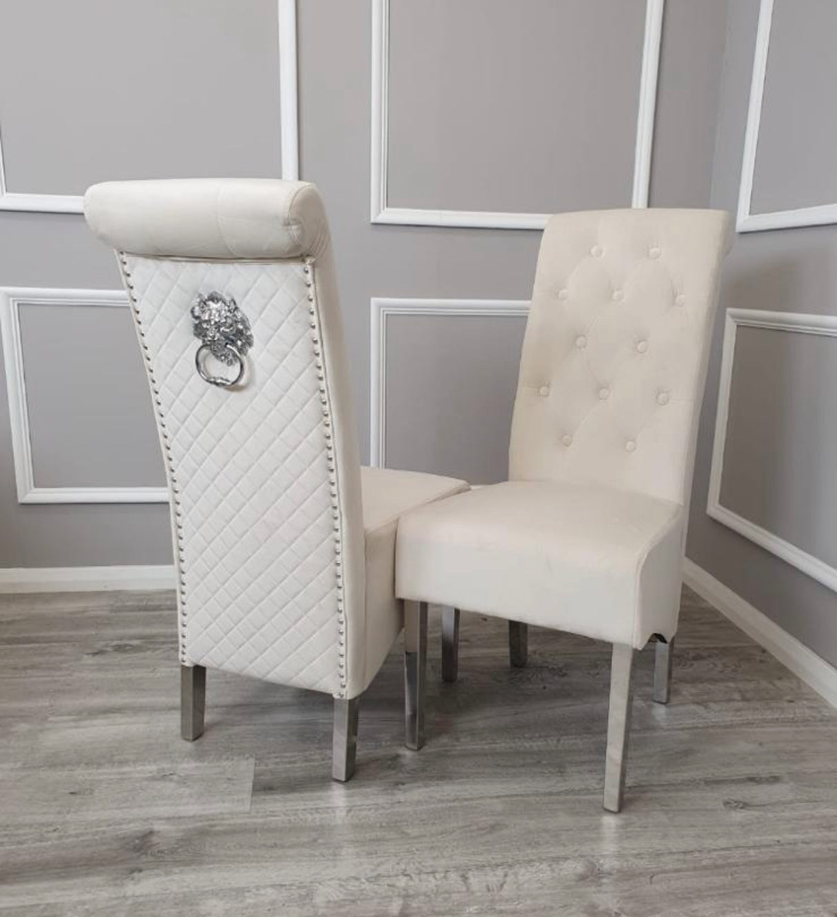 Louis Marble Dining Table light Grey 200cm  With Dark Grey Sofia lion knocker Chairs