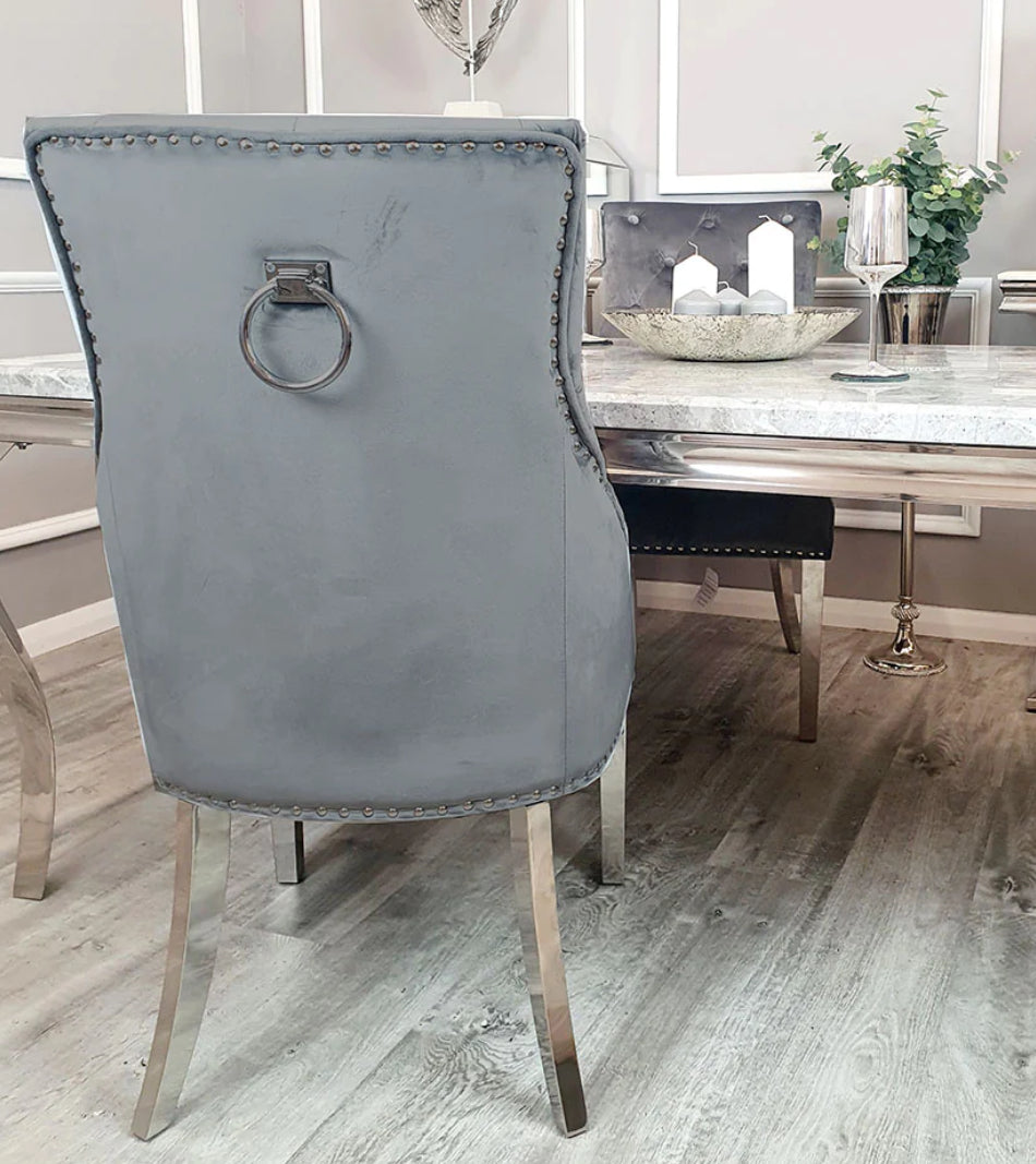 Ariana Marble Dining Table Light Grey + Jessica Dining Chairs Ring knocker Light Grey