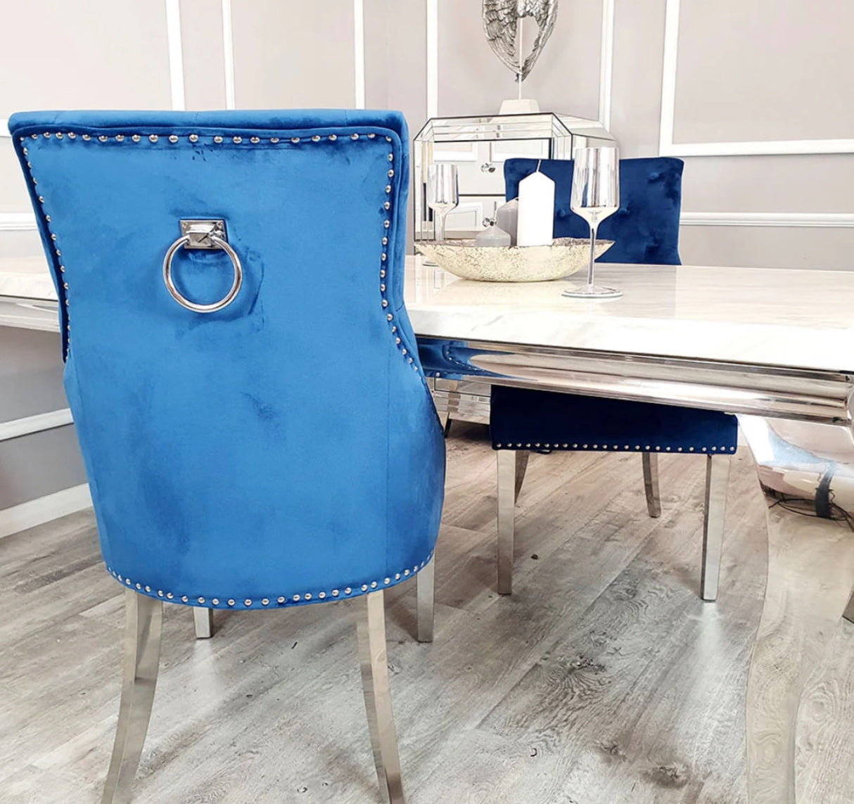 1M Square Dining Table + 4 Valentino Dining chairs Lion Knocker
