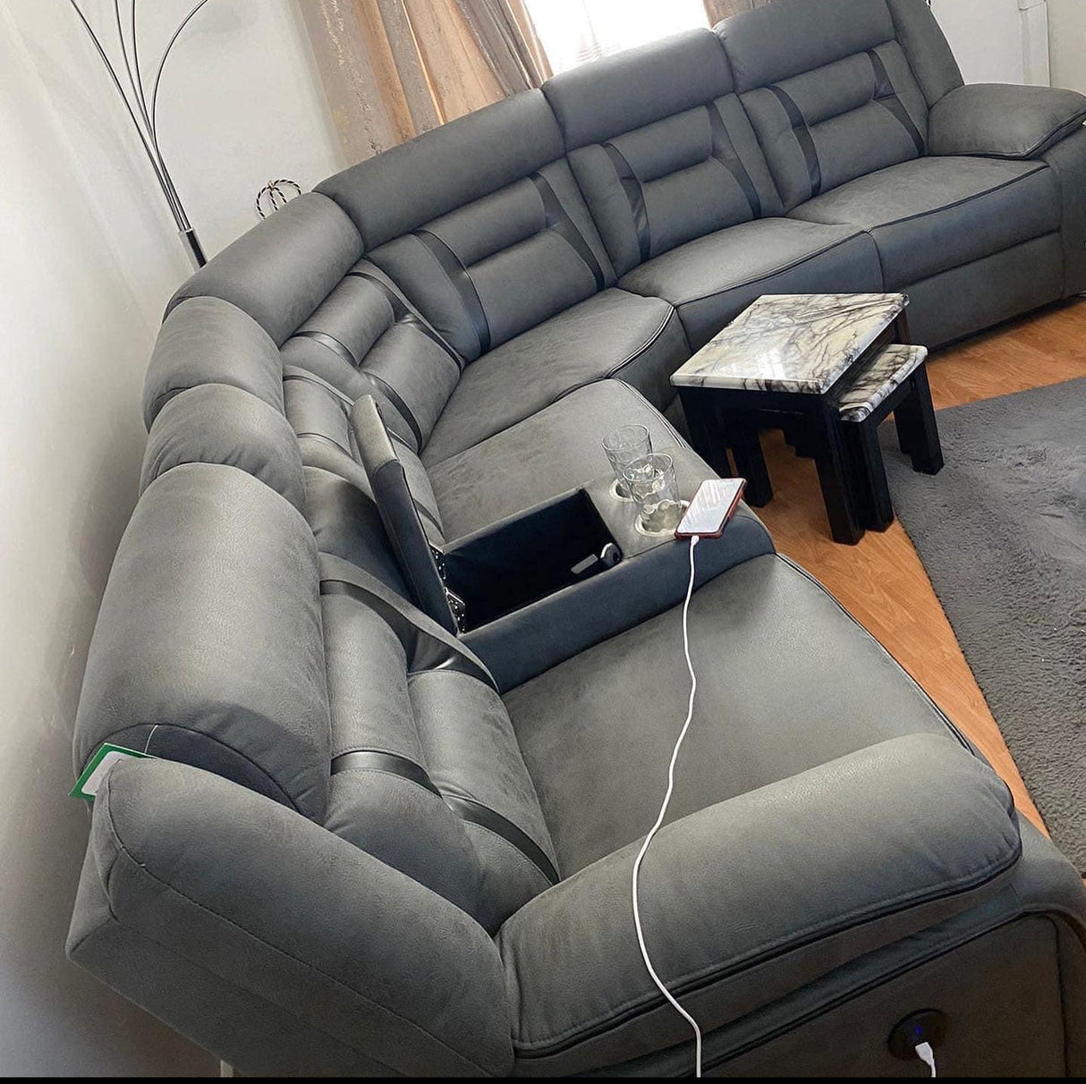 ELECTRIC  RECLINER SOFA CORNER - GREY WITH BLACK TRIM