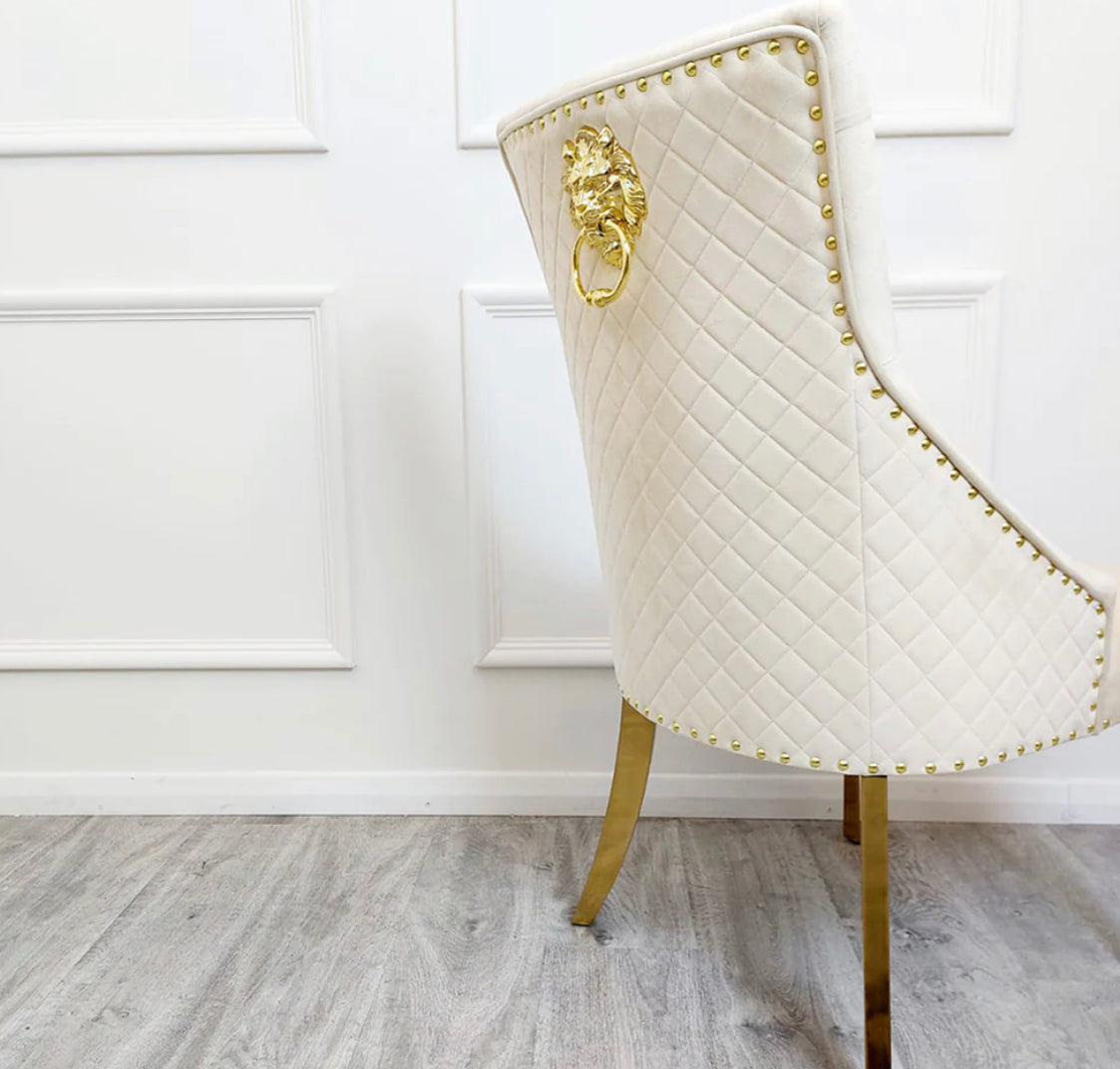 Arianna Black And Gold Marble Dining Table With Black And Gold Bentley Lion knocker Chaird