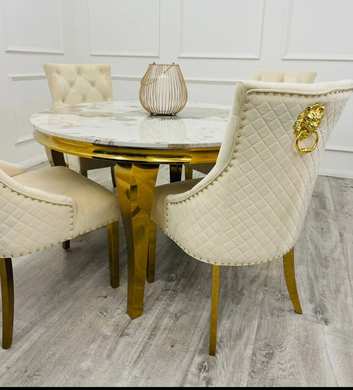 Louis 130cm Round Gold Marble Dining Table + Majestic Mink Gold Lion Knocker Dining Chairs