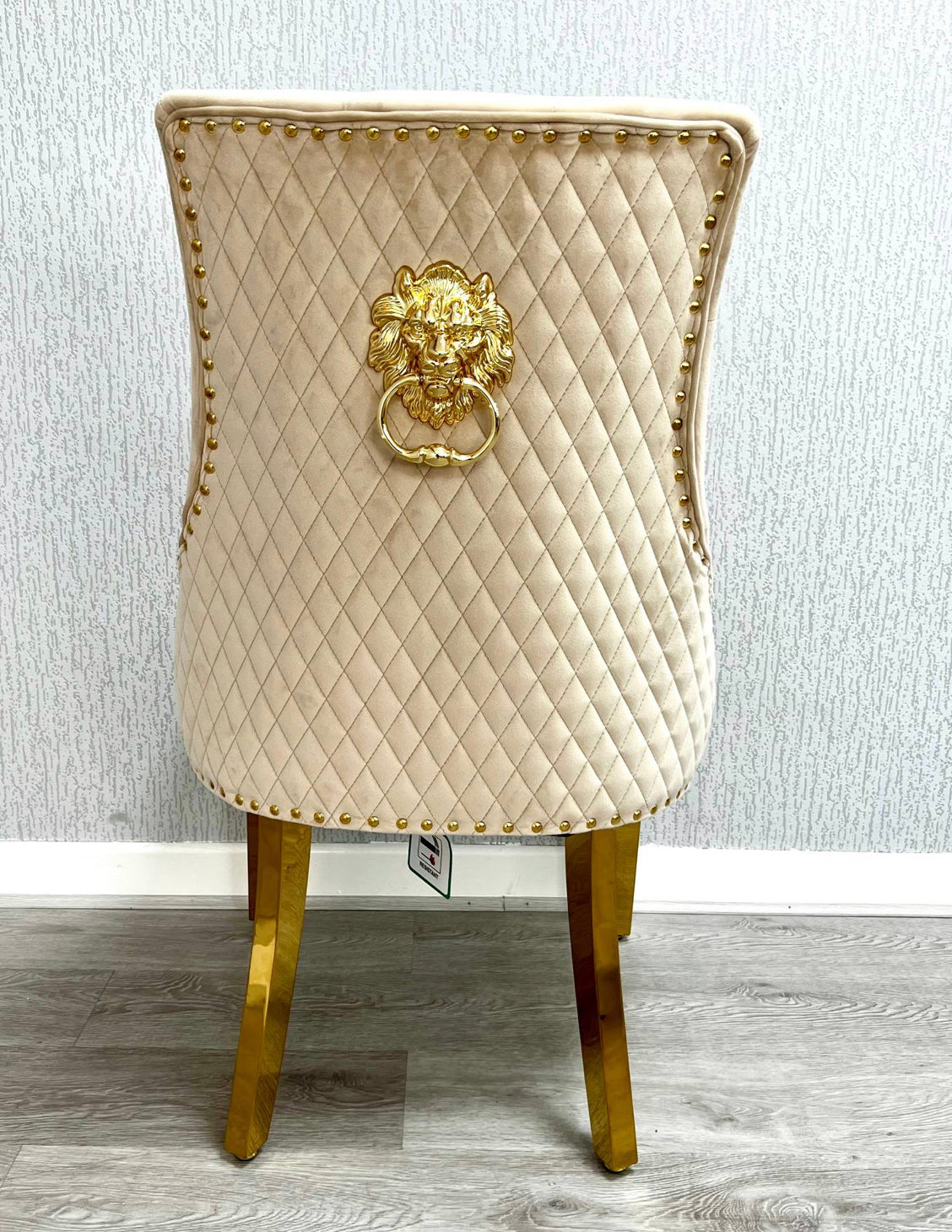 Louise Gold Table With Majestic Mink  & Gold Dining Chairs Lion Knocker