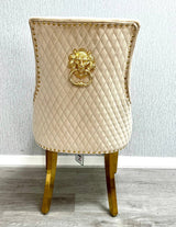 Louise Gold Table With Majestic Mink  & Gold Dining Chairs Lion Knocker