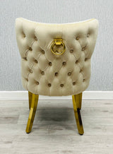 Louis Gold Marble Dining Table + Valentino Gold Dining chairs Lion knocker Mink