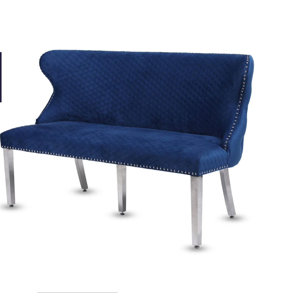 Louis Marble Dining Table + Valentino Dining Chairs Lion knocker Blue & Valentino Bench Blue