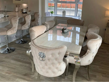 Louise Marble Dining Table With Valentino Lion Knocker Dining Chairs