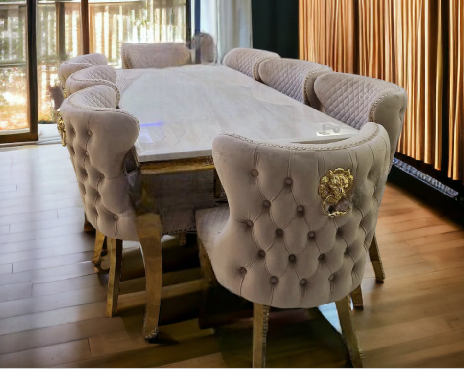 Louis Gold Marble Dining Table + Valentino Gold Dining chairs Lion knocker Mink