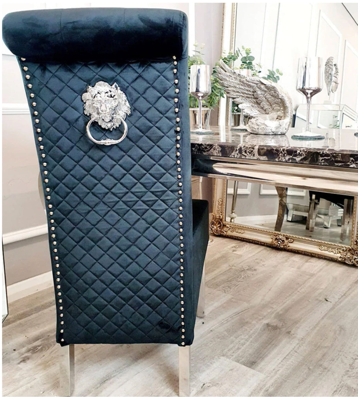 1M Square Dining Table + 4 Valentino Dining chairs Lion Knocker
