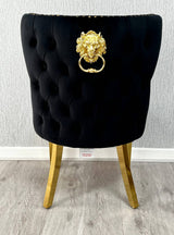 Louis Gold Marble Dining Table + Valentino Gold Dining chairs Lion knocker Mink
