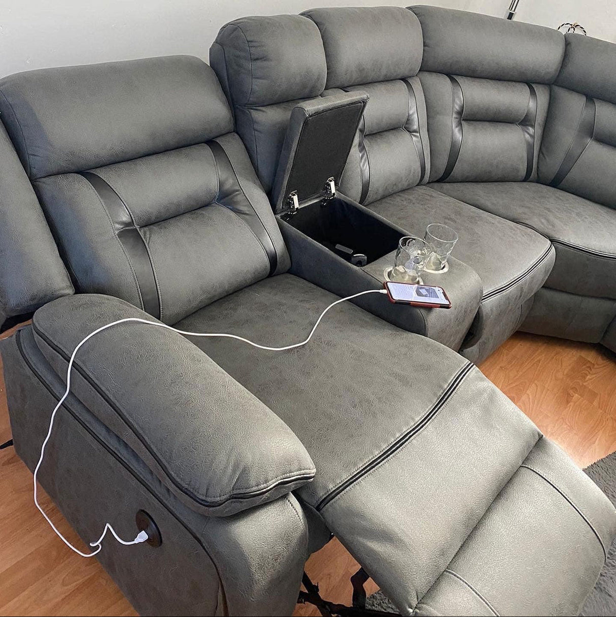ELECTRIC  RECLINER SOFA CORNER - GREY WITH BLACK TRIM