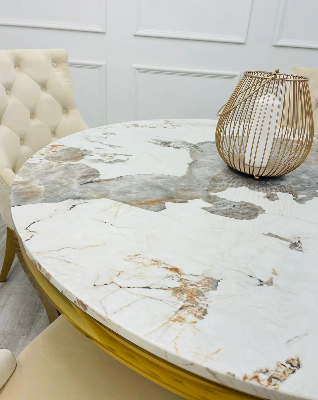 Louis 130cm Round Gold Marble Dining Table + Majestic Mink Gold Lion Knocker Dining Chairs
