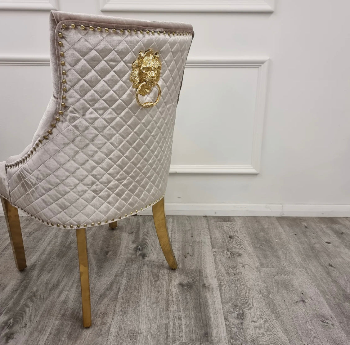 Louis 130cm Round Gold Marble Dining Table + Majestic Mink Gold Lion Knocker Dining Chairs