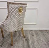 Louis 130cm Round Gold Marble Dining Table + Majestic Mink Gold Lion Knocker Dining Chairs